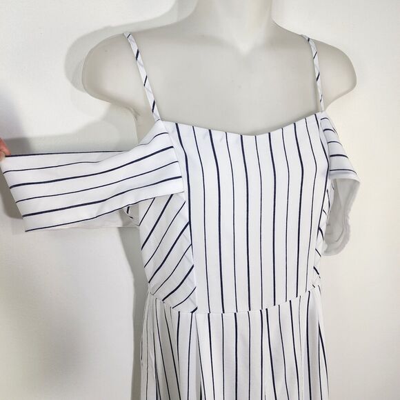 Plush Boutique Jumpsuit Med White Blue Striped Off Shoulder Spaghetti Strap Wide - Picture 4 of 10